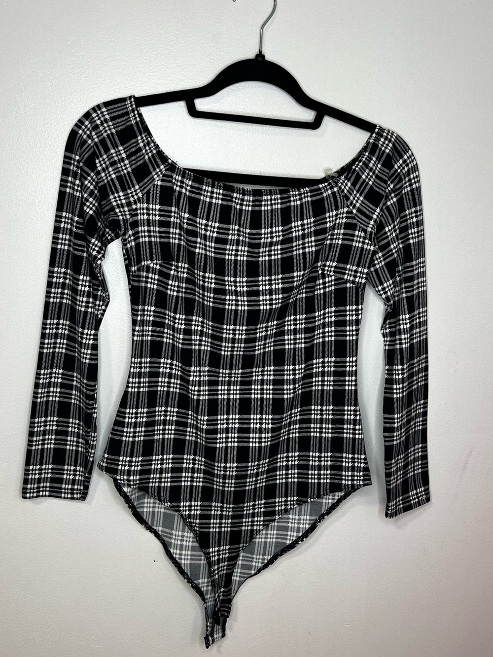 Charlotte Russe Black & White Plaid Square Neck Long Sleeve Bodysuit